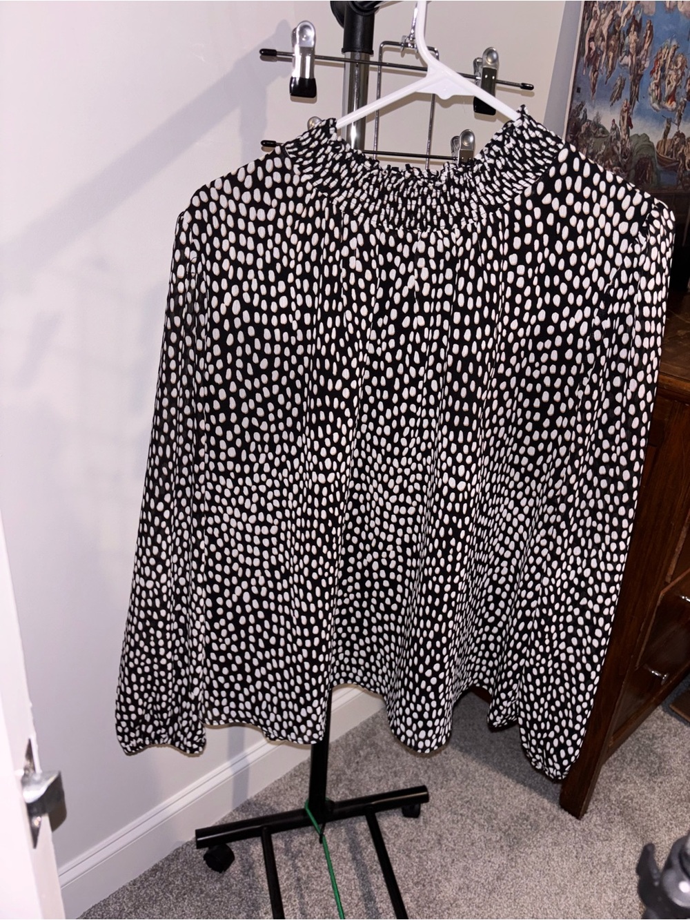 J. Crew Black Blouse with Cream Dot Print